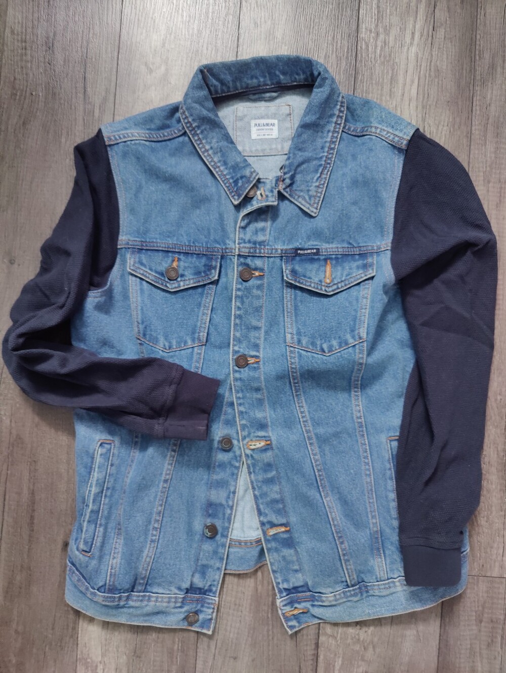 Denim Jacket with Navy Knit Sleeves - Unbranded